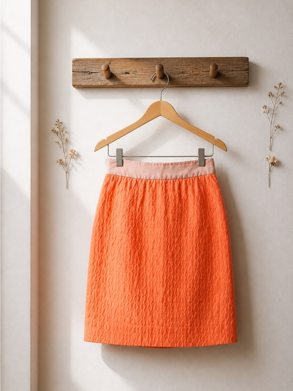 J. Crew Orange Textured Pencil Skirt with Pale Pink Waistband